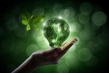 Hand holding green lightbulb with plant inside representing sustainable and renewable, environmentally friendly energy. generative AI