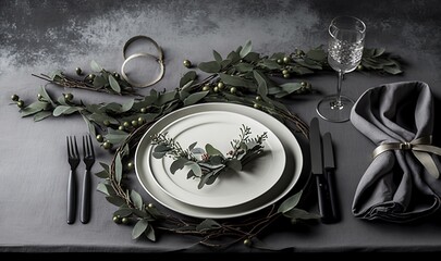 Canvas Print -  a place setting with silverware and greenery on a table cloth with a napkin and napkin ring on it and a glass of wine.  generative ai