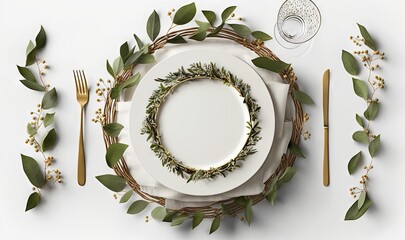  a white plate with a wreath of greenery on top of it next to a fork, knife, and a glass of water on a white table.  generative ai