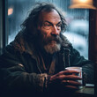 Generative AI - A homeless man with a beard and a beard holding a cup of coffee in front of a window with rain pouring behind him, cinematic photography, a character portrait, neoplasticism