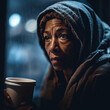 Generative AI - A homeless African America  woman holding a cup of coffee in her hand and looking at the camera with a sad look on her face, cinematic photography, a character portrait, neoism