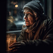 Generative AI - A homeless woman sitting in a car looking out the window at the street lights and holding a glass of water, award-winning photograph, a character portrait, art photography