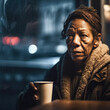 Generative AI - A elderly homeless African American woman holding a cup of coffee looking out a window at the street at night time, with a blurry background, cinematic photography