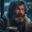 Generative AI - A homeless man with a beard holding a cup of coffee in his hand and looking out a window, cinematic photography, a character portrait, neoism