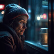 Generative AI - A homeless woman in a hat looking out a window at night time, with a cup of coffee in front of her and a city street at night, cinematic photography, a stock photo, neoplasticism