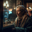 Generative AI - A homeless woman sitting at a window looking out at the street at night time, with a mug in front of her, cinematic photography, a character portrait, photorealism