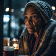 Generative AI - A homeless African American woman with a hat and scarf holding a cup of coffee in her hands and looking at the camera, a character portrait, neoism
