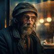 Generative AI - A homeless man with a beard and a jacket looking out a window at a street at night with a cup of coffee,cinematic photography, a character portrait, photorealism