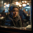 Generative AI - A homeless woman looking out a window at a restaurant at night time, with a blurry background of people, a character portrait, neoplasticism