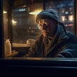 Generative AI - A homeless man sitting at a table looking out a window at the street outside of a building at night time, cinematic photography, a character portrait, photorealism