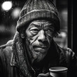 Generative AI - A homeless African American man with a hat and scarf holding a cup of coffee in his hand and looking at the camera, portrait photography, a character portrait, american realism