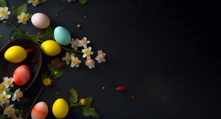  Easter decoration. Easter composition with colored eggs and flowers on black background with copy space. Generative AI content