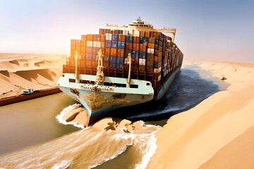 Wall Mural - Container cargo ship accident crash sandy canal. Concept Global problem with marine traffic. Generation AI