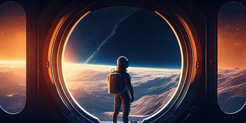 Poster - Young boy looking out the window in a spaceship. Generative AI