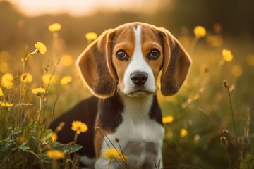 Poster - Beagle puppy sitting in a park's lush grass in a portrait. Dog in a field of yellow flowers in a green meadow. Sunlight, outside. Generative AI