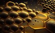 © Shanti - a close up of a honeycomb with bubbles and bubbles on the bottom of the honeycomb, with a black background and yellow highlights.  generative ai