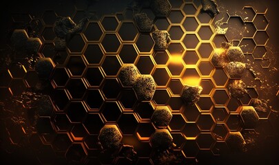 Wall Mural -  a honeycomb pattern with a yellow light in the middle of it and a black background with a yellow light in the middle of it.  generative ai