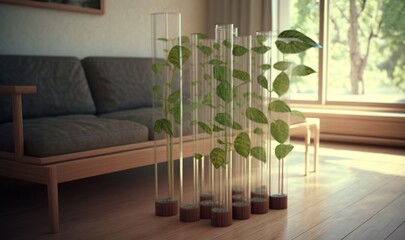 Poster -  a living room with a couch and a plant in the middle of the room, and a glass vase with a plant in it on the floor.  generative ai