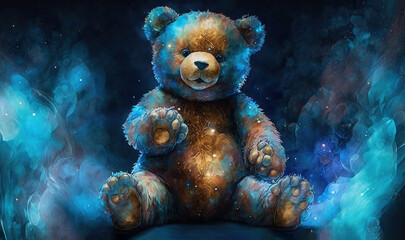 a painting of a teddy bear sitting in the middle of a blue and yellow background with stars and smok