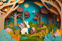 A Bright Colorful Paper Art Diorama Of The Easter Bunny In The Woods. Children's Pop-up Book Like Illustration