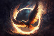 © Mike Schiano - A mythical phoenix bird with glowing smoldering wings wreathed in a ring of fire on a black background. Dark fantasy illustration.