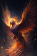 A phoenix with smoldering feather wings with a crest of fire on a portrait black background. Dark fantasy illustration.