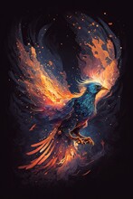 A Phoenix With Fluorescent Feathers With Flame Burning Wings And Hints Of Fire On A Portrait Background Of Black. Dark Fantasy Illustration.