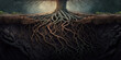 Panorama of tree roots system extending underground, soil cross section. Generative AI illustration