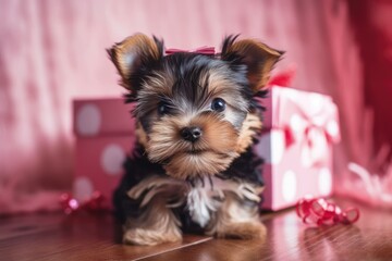 Wall Mural - Little cute and funny Yorkshire Terrier puppy on a white wooden table with a pink background, decorated for Christmas. Generative AI