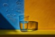 © Jorge Ferreiro - illustration, empty glass resting on a blue and yellow wall, ai generative