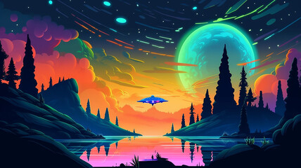 Wall Mural - spaceship flying in another world, Generative AI