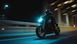 A man rides a sports motorcycle in the city at night