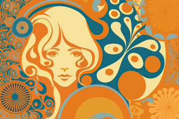 60's style pattern with abstract female face.