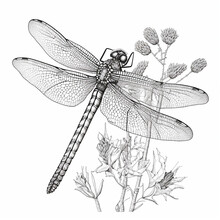 Drawing For Coloring, Large Dragonfly On A Flower Close-up, Black And White Illustration, Ai Generative