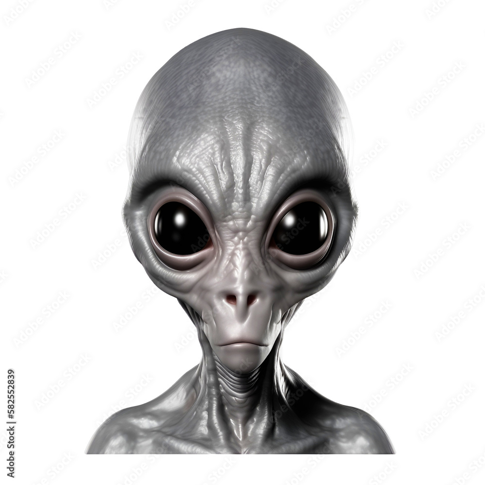 A grey alien with a large head and large eyes isolated on transparent background. Alien head.