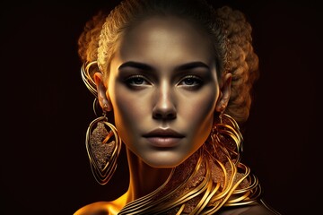 Model girl with golden make-up and long golden hair, on a black background. Golden glowing skin and flowing hair. art portrait, Generative AI