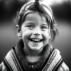 Wall Mural - Portrait of beautiful little black and white Caucasian girl smiling. Looking at camera. Close up. Ai generative