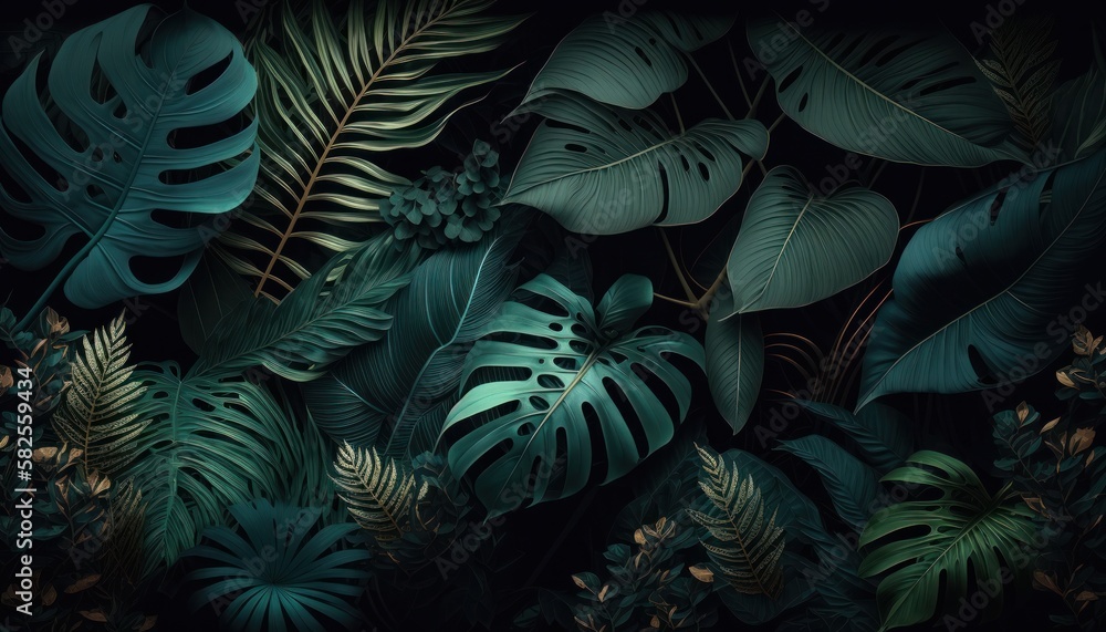 Tropical leaves background in deep dark colors with jungle leaves and ...