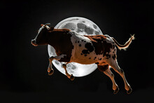A Cow Jumps In Front Of The Moon. Jumping Cow In The Background Of The Moon. AI Generated Illustration.