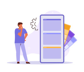 Young man designer. Programming courses web design concept with people. Online IT composition in flat style. Vector illustration for social media promotional materials.