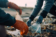 Menschen sammeln Plastikmüll am Strand auf - Generative AI