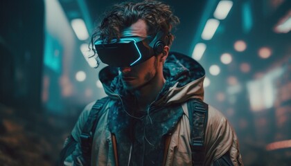 Wall Mural - Young man using VR headset in futuristic metaverse background technology concept generative ai