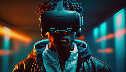Wall Mural - Young man using VR headset in futuristic metaverse background technology concept generative ai