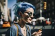 Candid portrait, millennial female with blue hair and tattoos smiling using smartphone on sunny street in New York City, casual, carefree, connectivity, generative ai