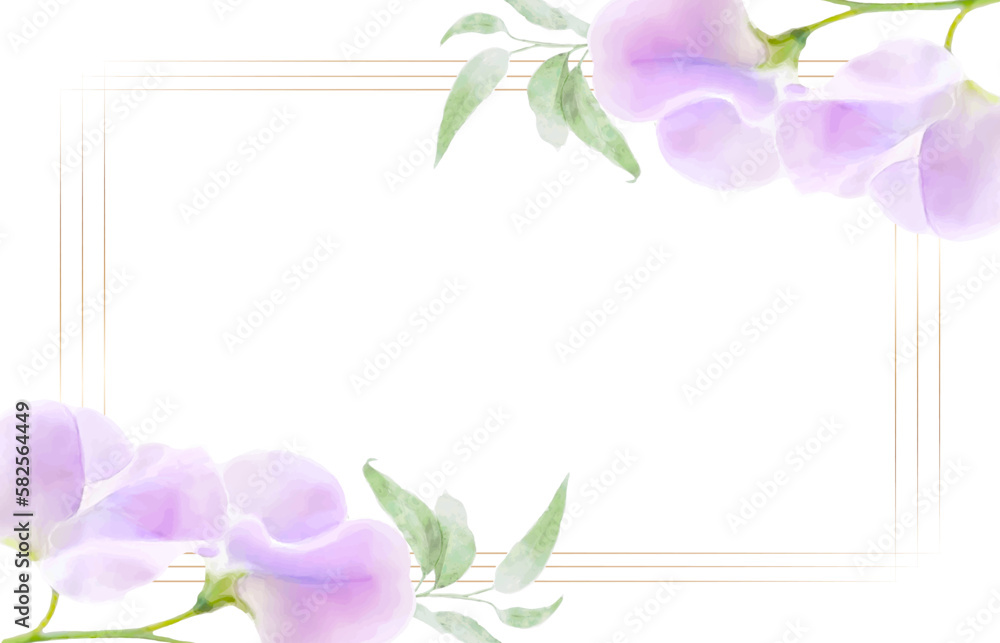 elegant watercolor flower frame gold with purple flowers and green ...