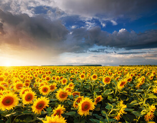 Autocollant - Spectacular view with bright yellow sunflowers close up on a sunny day.