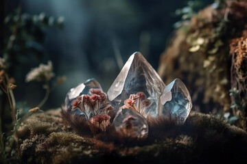 Gemstones on mysterious forest background. Life balance or esoteric and wiccan concept. Generative Ai.