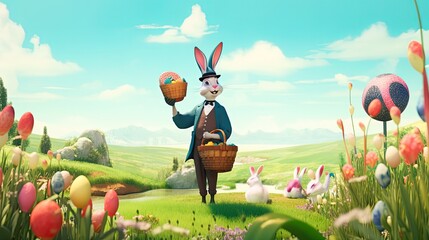 Wall Mural - Cute easter bunny smiling surrounded by easter eggs, cartoon style. Generative AI