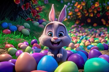 Wall Mural - Cute easter bunny smiling surrounded by easter eggs, cartoon style. Generative AI