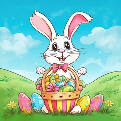 Wall Mural - Happy Easter Bunny holding a basket filled with multicolored eggs, surrounded by flowers and green grass, with a clear blue sky in the background. Generative AI